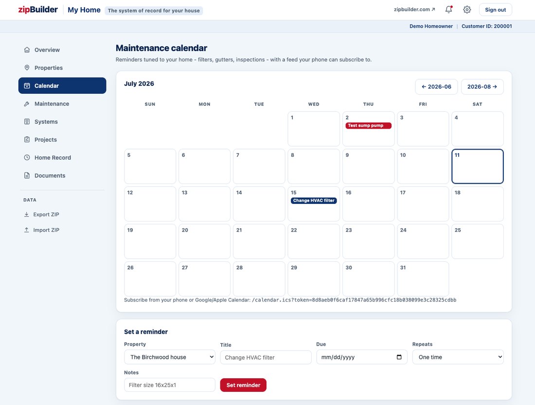 Maintenance calendar