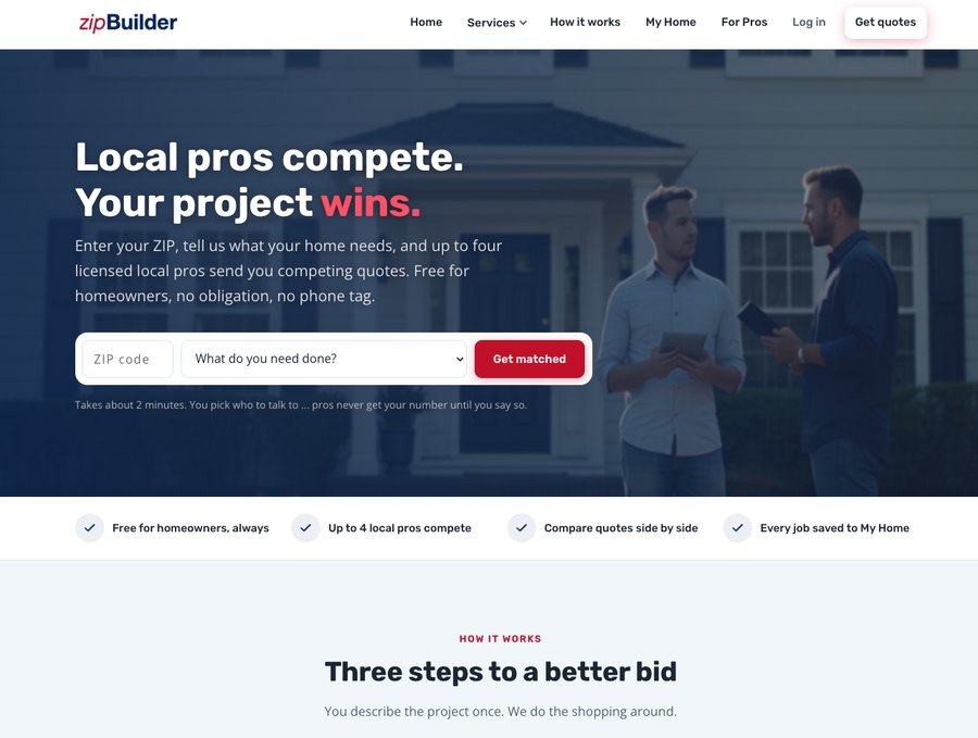 ZipBuilder homepage: local pros compete, your project wins